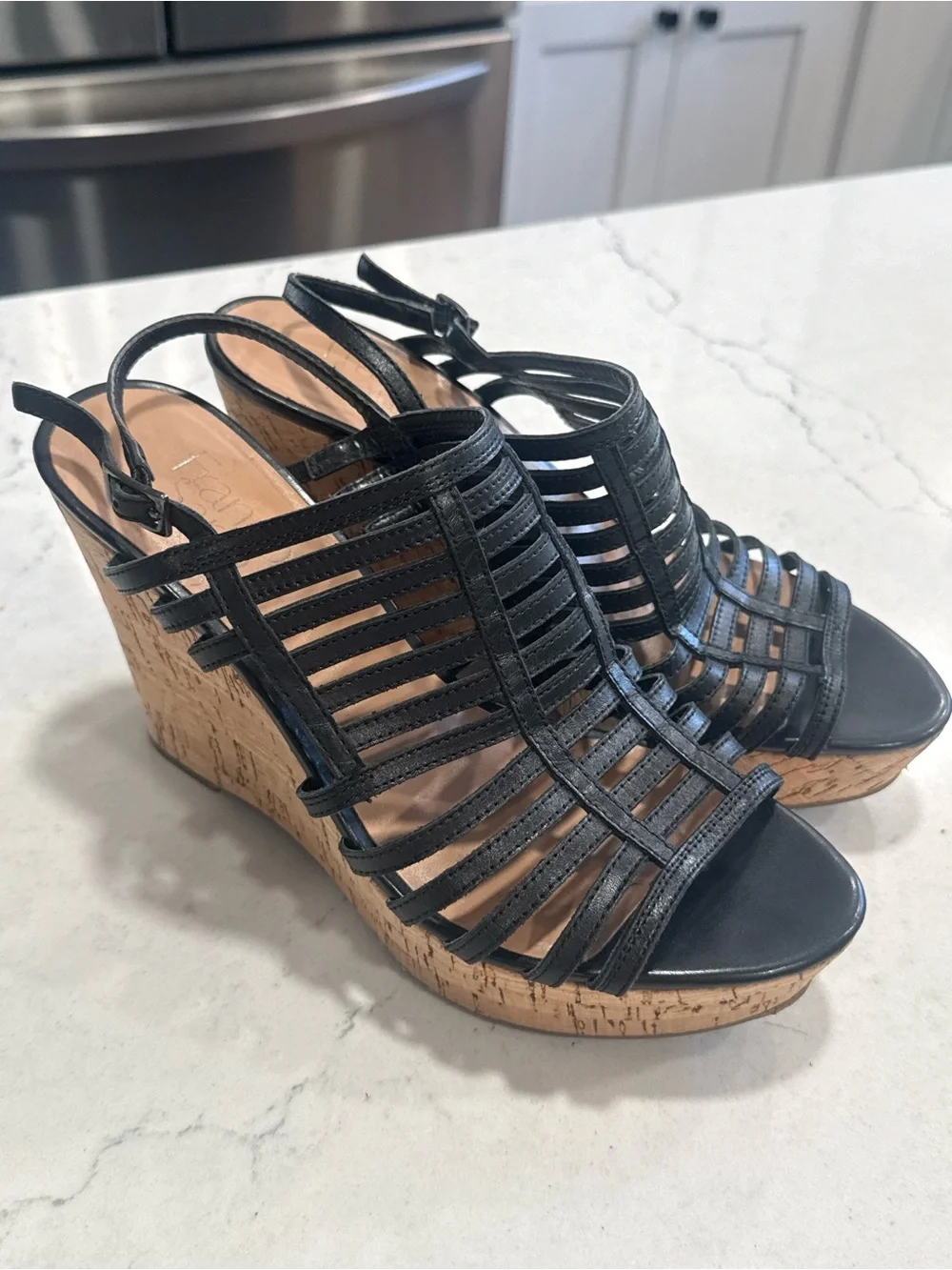 Franco Sarto Women’s Black Strappy Cork Wedge Ankle Strap Sandals US 8